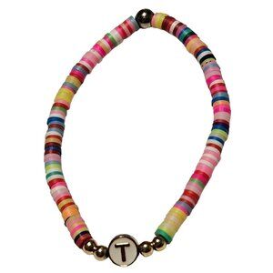 Boho Rainbow Disc Beads Stretch Bracelet Initial T Charm Fashion Jewelry Women